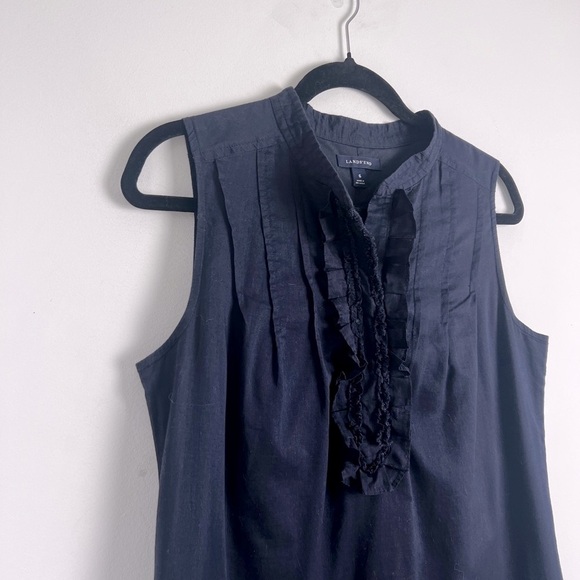 Lands' End Navy Blue 100% Cotton Sleeveless Coastal Preppy Ruffle Pintuck Dress - Picture 4 of 9